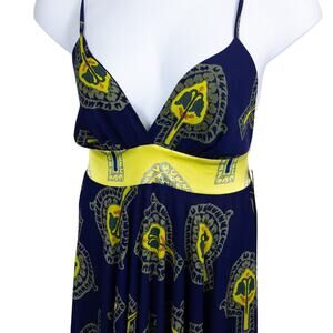 Tricia Fix Blue Gold Maxi Sleeveless Formal Dress L NWT